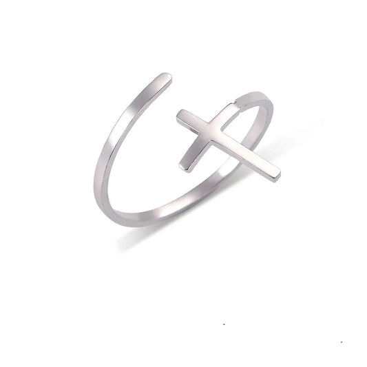 Silver ring with cross design on a white background, showing width and weight measurements.