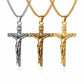 Three crucifix pendants in silver, gold, and rose gold on white background