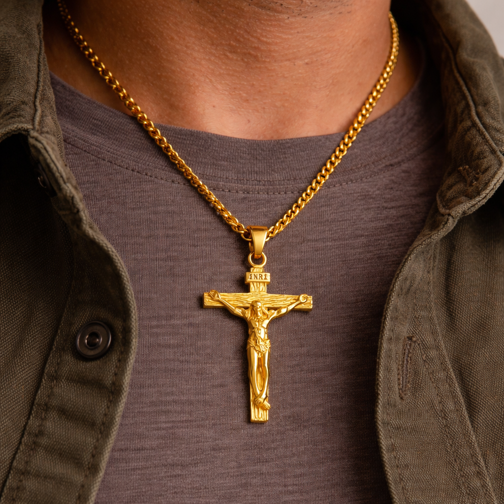 Gold crucifix necklace worn by a person on a plain background