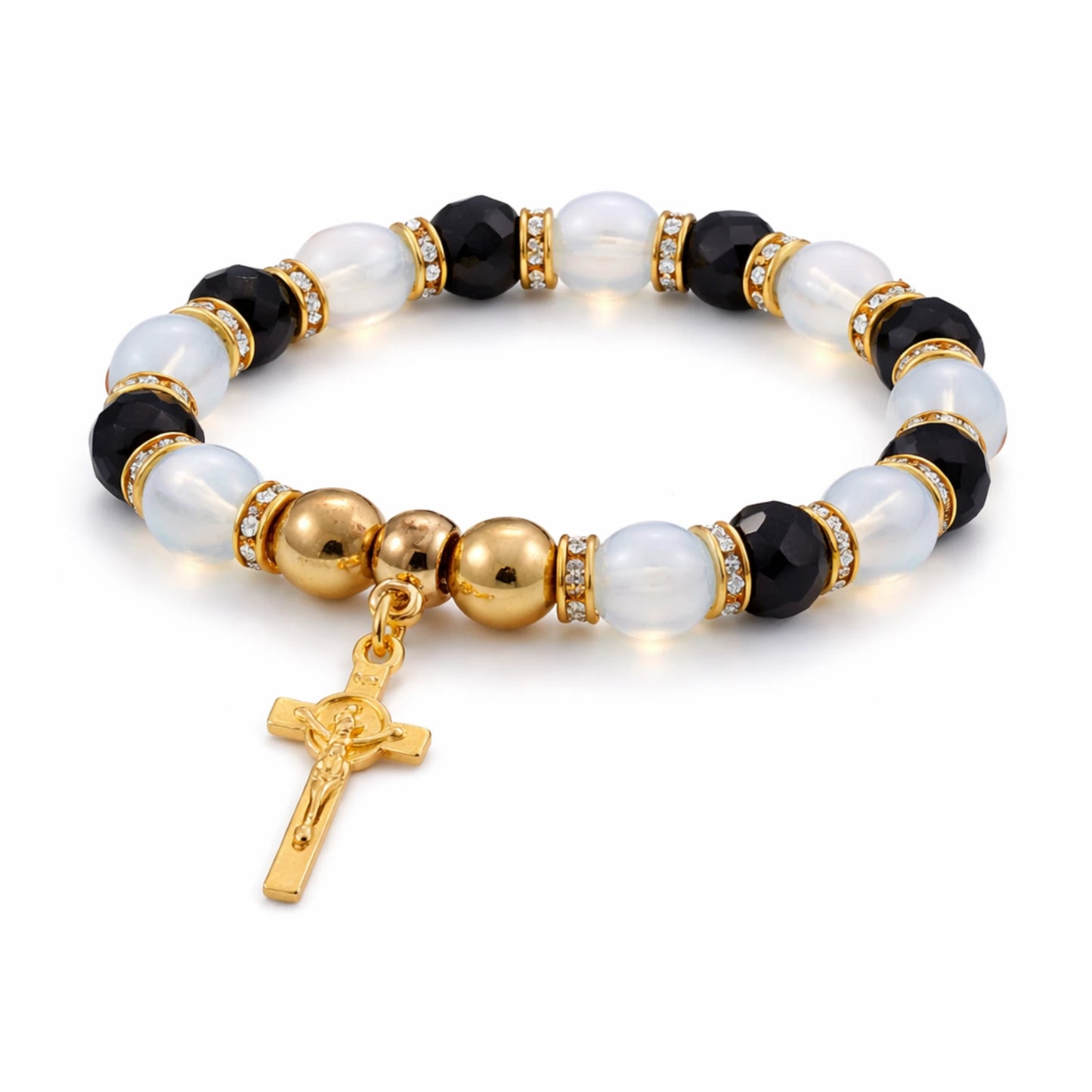 Bracelet with black, white, and gold beads on a white background
