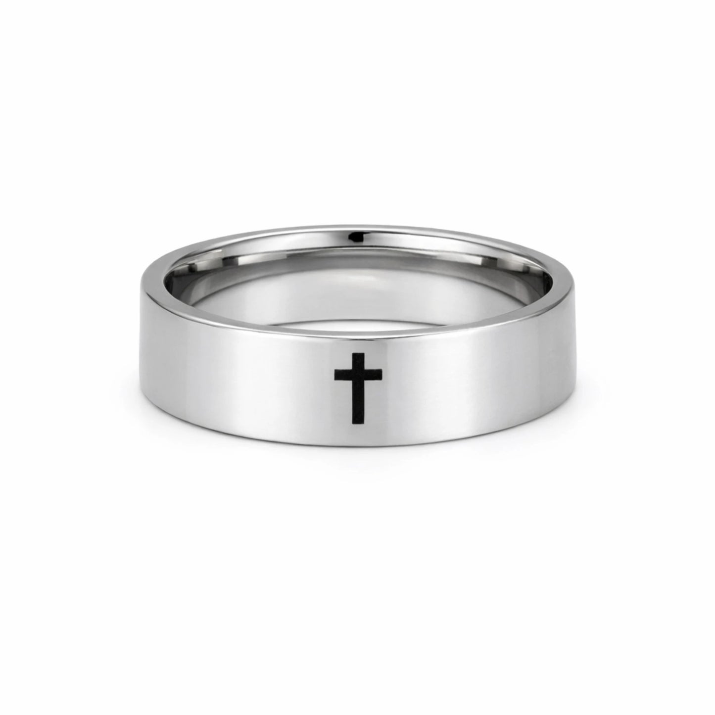 Silver ring with a black cross on a white background