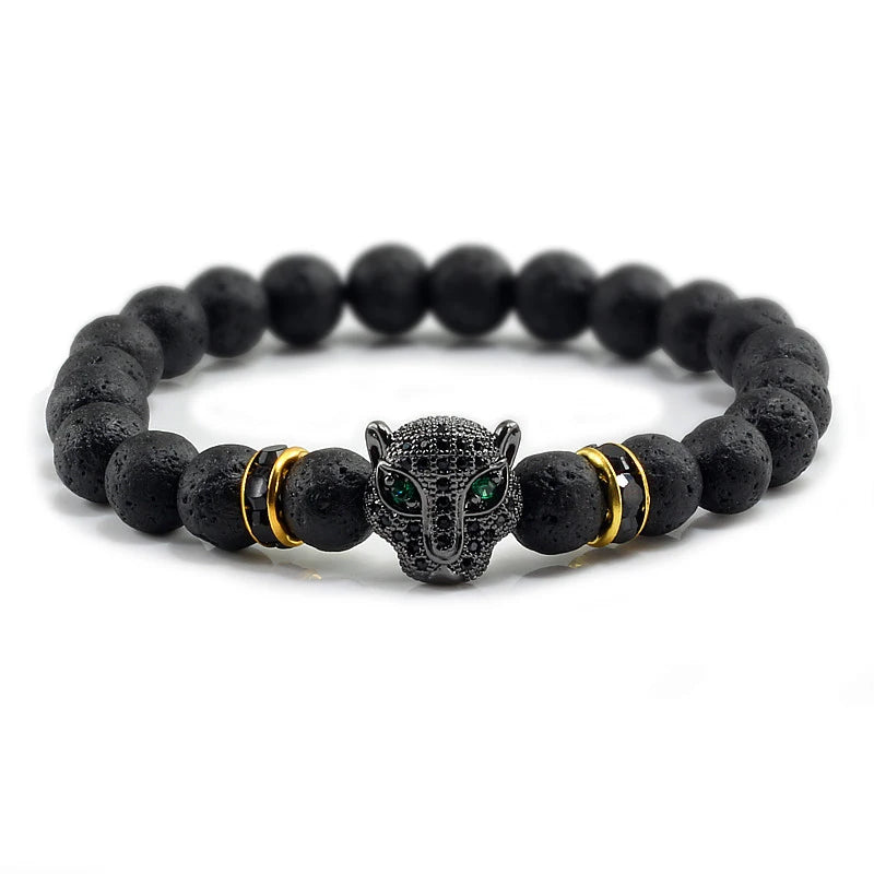 Black beaded bracelet with a detailed black panther head charm on a white background