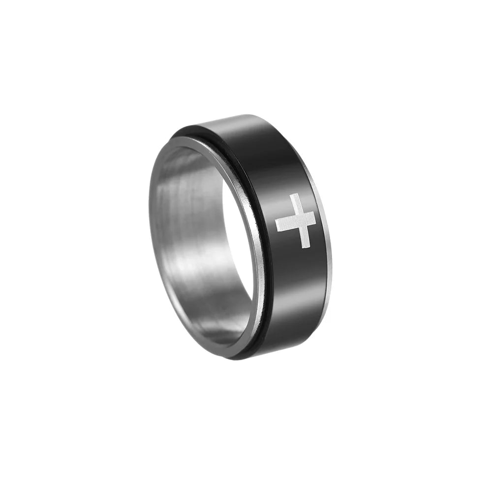 Two-tone ring with a black band and silver cross on a white background