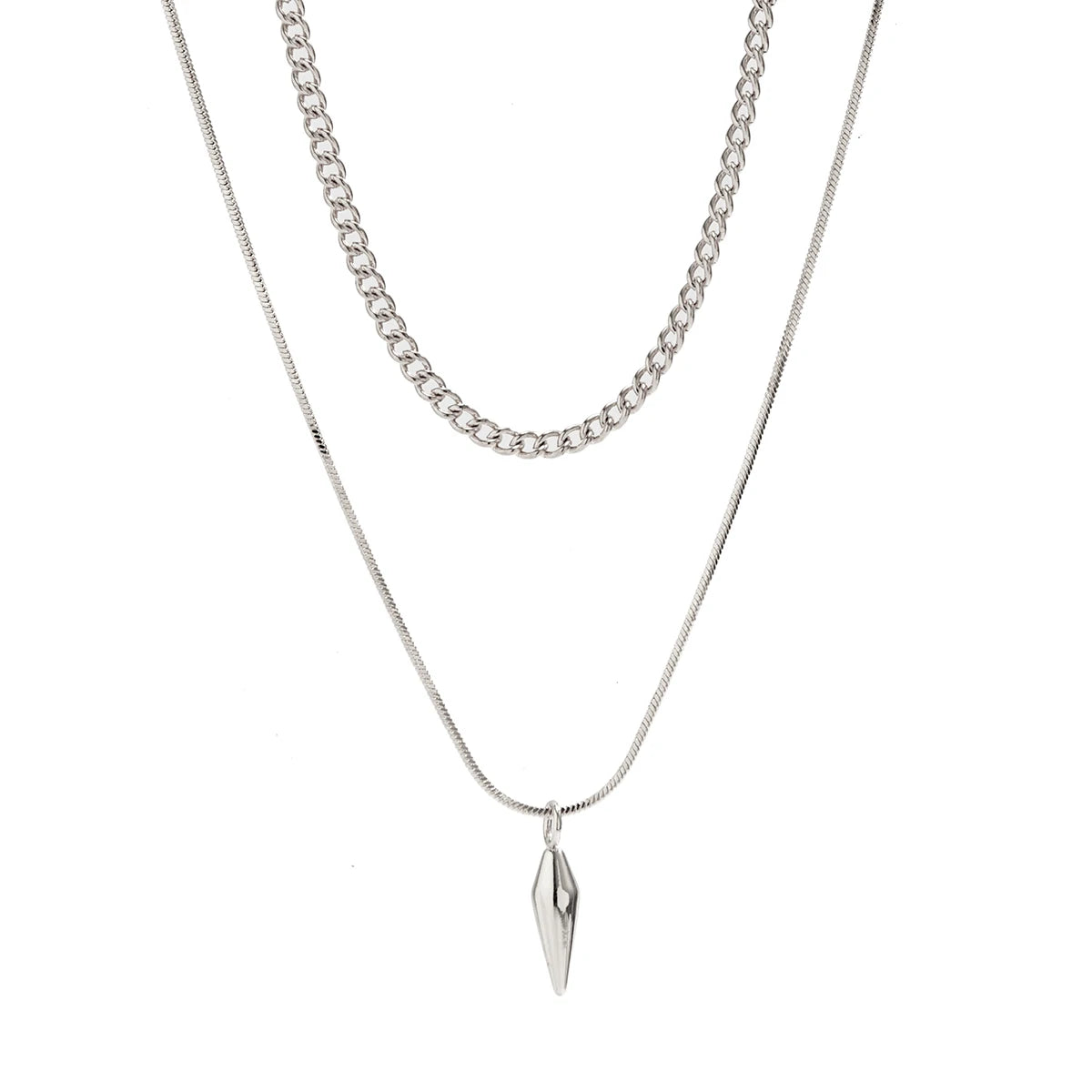 Two silver necklaces with a small pendant on a white background